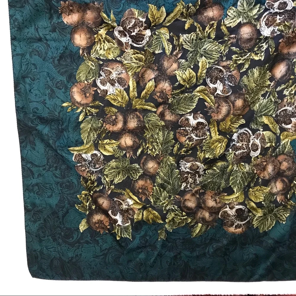 Vintage Scarf Fruit Pomegranate Floral Green‎ Brown Square Christmas